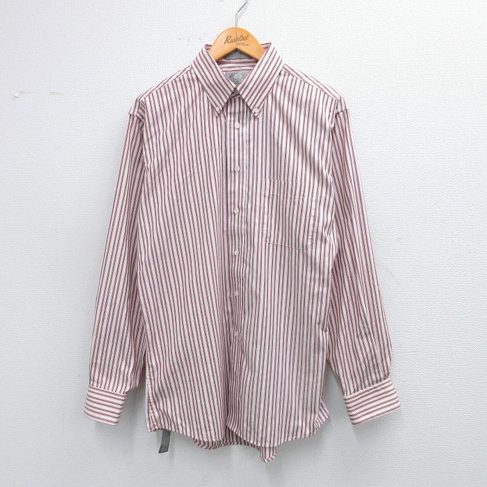 【20%OFF】L★古着 STAFFORD 長袖 シャツ メンズ 90年代 90s オックスフォード ボタンダウン USA製 エンジ ストライプ 【spe】 25aug30 中古 トップス