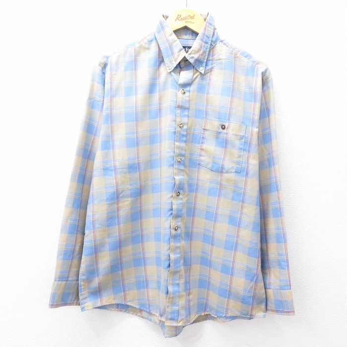 XL★古着 Par Four 長袖 シャツ メンズ 80年代 80s ボタンダウン 薄紺他 ネイビー チェック 25sep01 中古 トップス