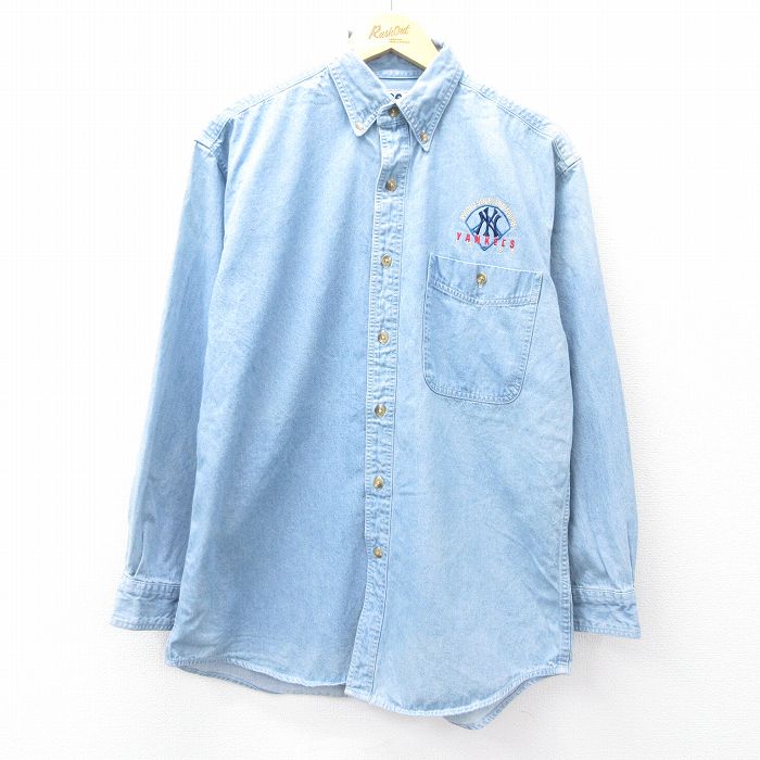 L★古着 リー Lee 長袖 シャツ メンズ 90年代 90s MLB ニューヨークヤンキース コットン ボタンダウン 薄紺 ネイビー デニム メジャーリーグ ベースボール 野球 【spe】 25sep01 中古 トップス