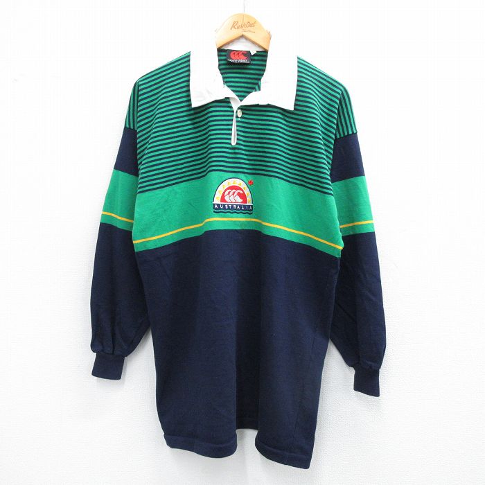 L★古着 カンタベリー 長袖 ラガー シャツ メンズ 90年代 90s 太陽 ロング丈 開襟 オープンカラー オーストラリア製 紺他 ネイビー 【spe】 25sep01 中古 トップス