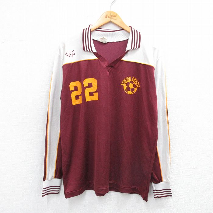 L★古着 長袖 サッカー シャツ メンズ 80年代 80s ADDISON KNIGHTS 22 Vネック USA製 エンジ他 25sep01 中古 トップス