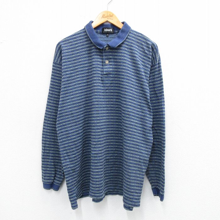 XL★古着 長袖 ポロ シャツ メンズ 90年代 90s 総柄 コットン USA製 紺他 ネイビー ボーダー 25sep01 中古 トップス