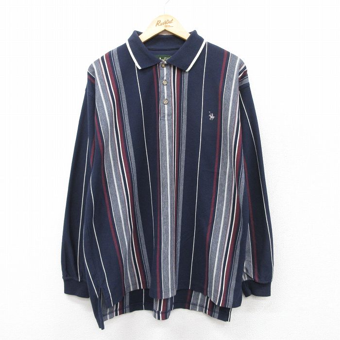 XL★古着 長袖 ポロ シャツ メンズ 90年代 90s ワンポイントロゴ 紺他 ネイビー ストライプ 25sep01 中古 トップス