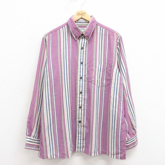 XL★古着 アロー 長袖 シャツ メンズ 90年代 90s ボタンダウン 紫他 パープル ストライプ 25sep04 中古 トップス