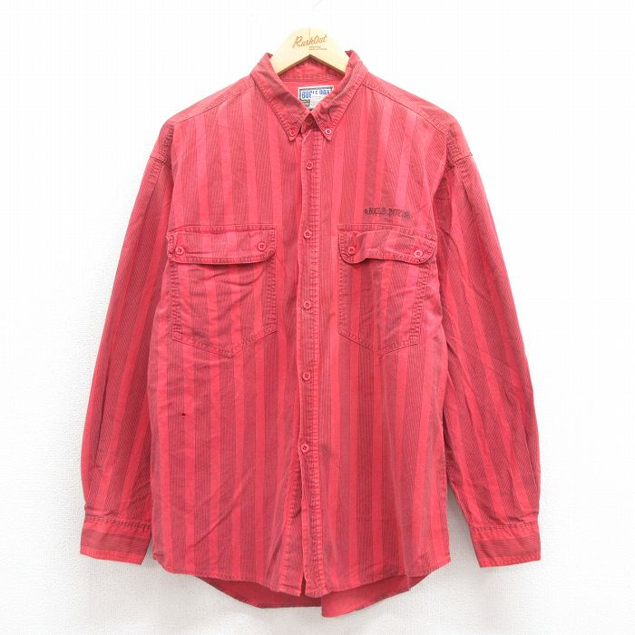L★古着 ビューグルボーイ 長袖 シャツ メンズ 90年代 90s ワンポイントロゴ コットン ボタンダウン 赤 レッド ストライプ 25sep04 中古 トップス