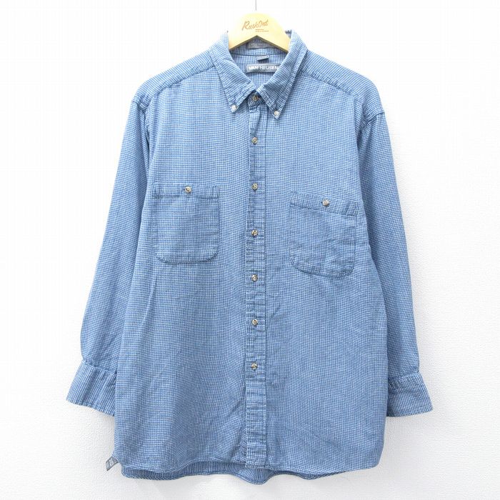XL★古着 バンヒューセン 長袖 シャツ メンズ 90年代 90s ロング丈 コットン ボタンダウン 紺他 ネイビー チェック 25sep08 中古 トップス