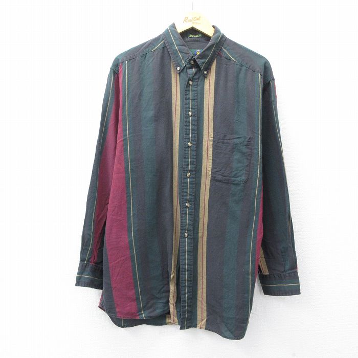 XL★古着 長袖 シャツ メンズ ロング丈 コットン ボタンダウン 緑他 グリーン ストライプ 25sep08 中古 トップス