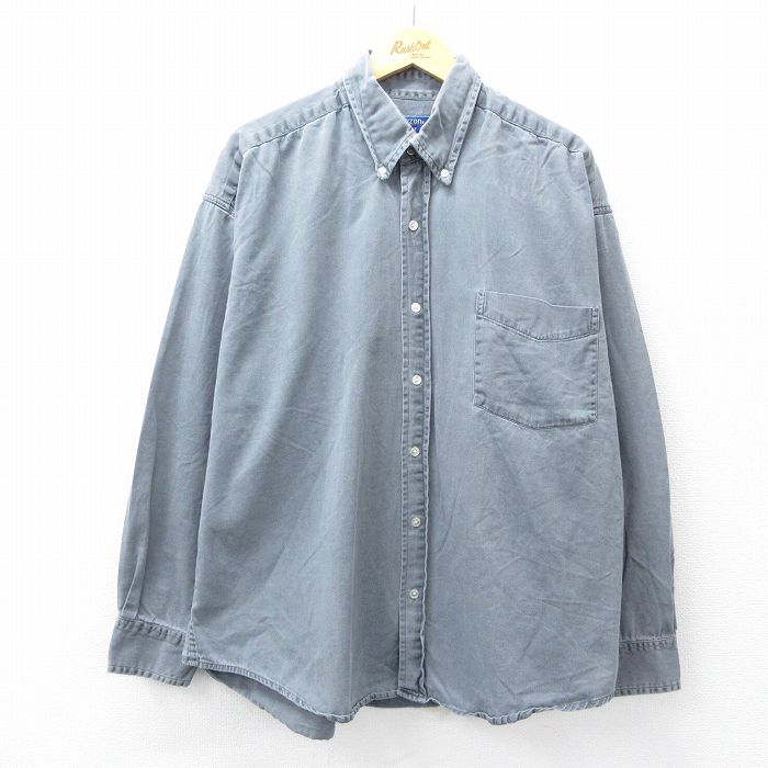 XL★古着 長袖 シャツ メンズ 大きいサイズ コットン ボタンダウン 緑系 グリーン 25sep10 中古 トップス