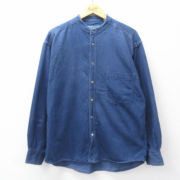 L★古着 長袖 シャツ メンズ 00年代 00s ノーカラー 紺 ネイビー デニム 25sep10 中古 トップス
