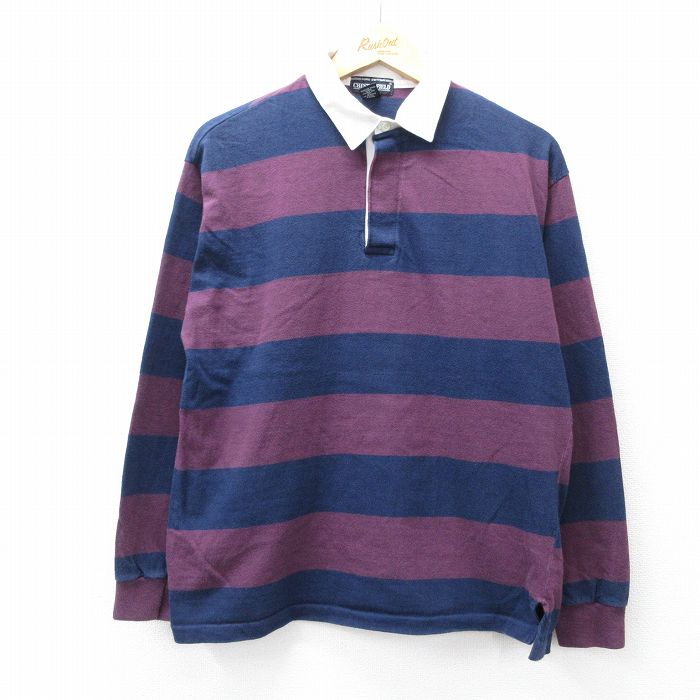 M★古着 長袖 ラガー シャツ メンズ 90年代 90s コットン USA製 エンジ他 ボーダー 【spe】 25sep11 中古 トップス