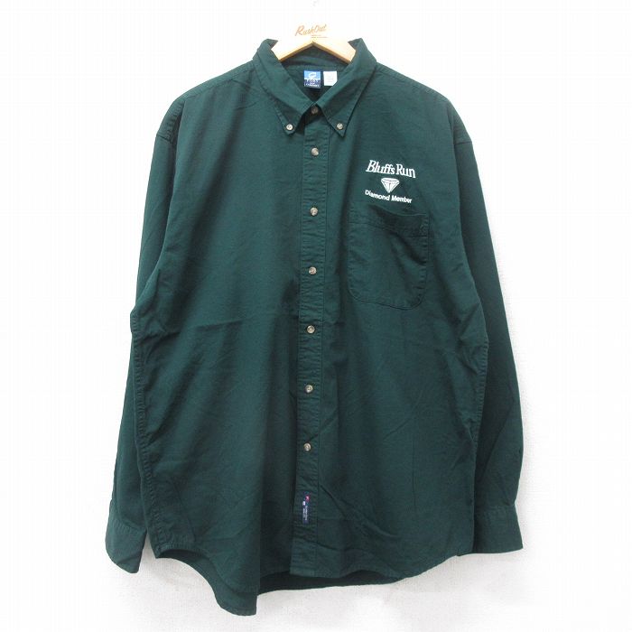 XL★古着 長袖 シャツ メンズ Bluffs Run 大きいサイズ ロング丈 コットン ボタンダウン 濃緑 グリーン 25sep12 中古 トップス