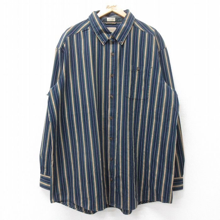 XL★古着 長袖 シャツ メンズ 大きいサイズ ロング丈 ボタンダウン 緑他 グリーン ストライプ 25sep12 中古 トップス