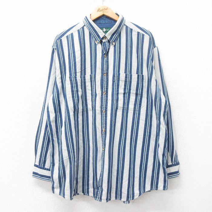 XL★古着 長袖 シャツ メンズ 90年代 90s 大きいサイズ ロング丈 コットン ボタンダウン 紺他 ネイビー ストライプ 25sep12 中古 トップス