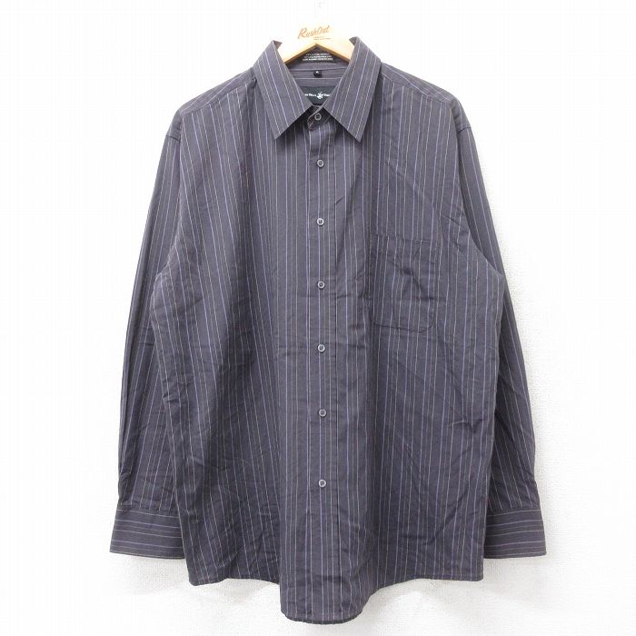 XL★古着 長袖 シャツ メンズ ロング丈 濃グレー系他 ストライプ 25sep12 中古 トップス