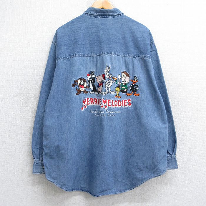 【20%OFF】XL★古着 長袖 シャツ メンズ 90年代 90s ルーニーテューンズ LOONEY TUNES バッグスバニー タズ シルベスター 刺繍 ロング丈 コットン 紺 ネイビー デニム 【spe】 25sep12 中古 トップス