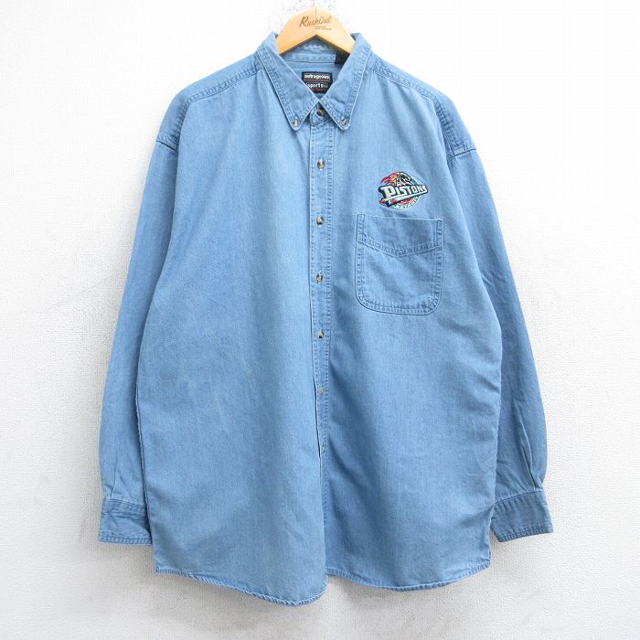 XL★古着 長袖 シャツ メンズ 90年代 90s NBA デトロイトピストンズ ロング丈 コットン ボタンダウン 紺 ネイビー デニム バスケットボール 25sep12 中古 トップス