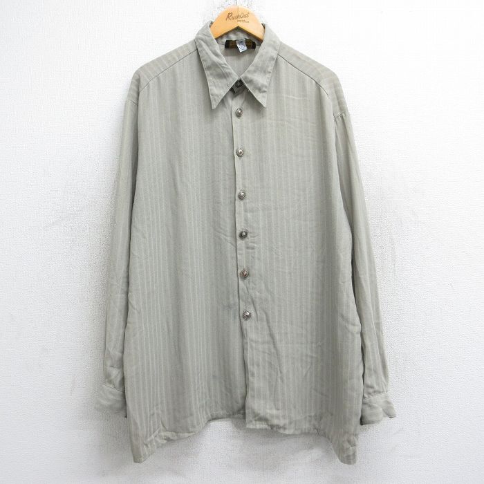 XL★古着 長袖 シャツ メンズ 90年代 90s 大きいサイズ ロング丈 レーヨン USA製 ベージュ他 カーキ ストライプ 25sep12 中古 トップス