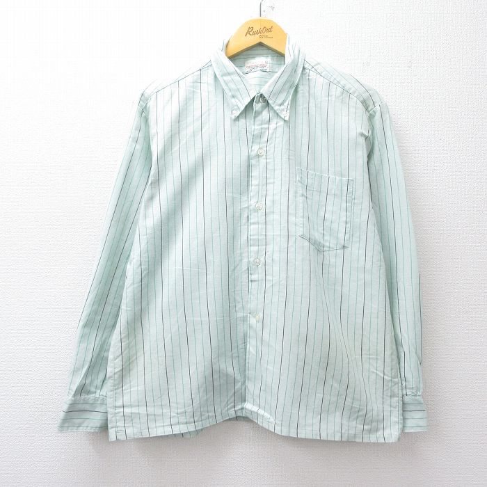 L★古着 長袖 シャツ メンズ 80年代 80s コットン ボタンダウン 緑他 グリーン ストライプ 25sep13 中古 トップス