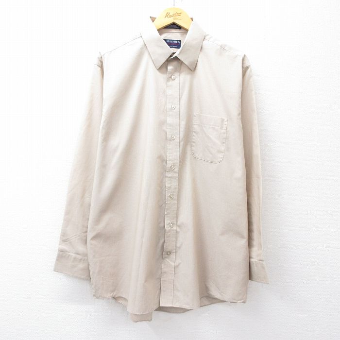 XL★古着 STAFFORD 長袖 シャツ メンズ ロング丈 ベージュ カーキ ストライプ 25sep13 中古 トップス