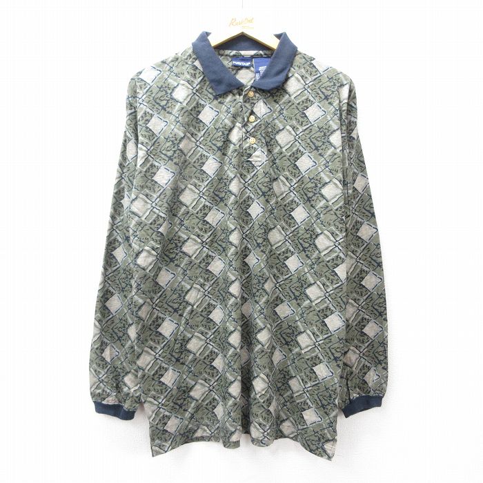 【50%OFF】ピューリタン 長袖ポロシャツ 総柄 グリーン L | 古着