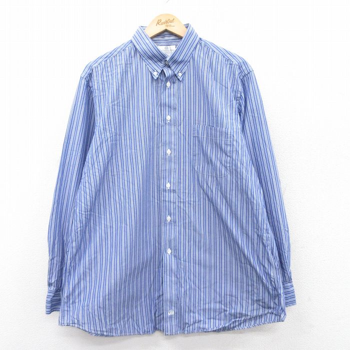 XL★古着 長袖 シャツ メンズ 90年代 90s ロング丈 ボタンダウン USA製 薄紺他 ネイビー ストライプ 25sep19 中古 トップス