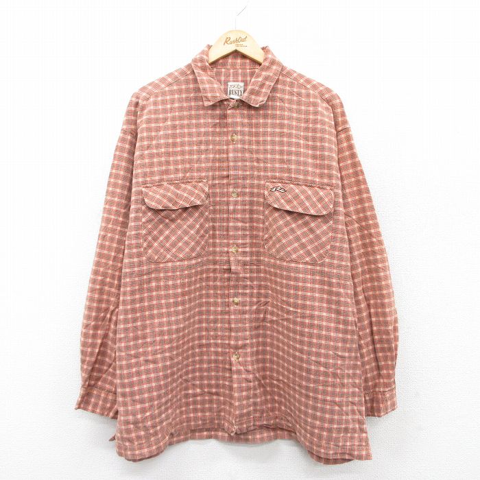 XL★古着 長袖 シャツ メンズ 大きいサイズ オレンジ系他 チェック 25sep19 中古 トップス