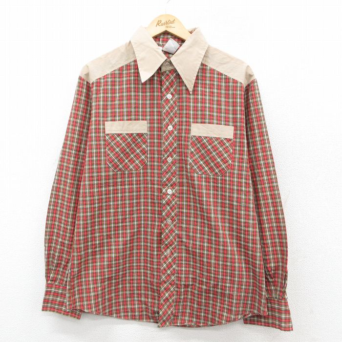 L★古着 ケニントン 長袖 シャツ メンズ 70年代 70s 赤他 レッド チェック 【spe】 25sep24 中古 トップス
