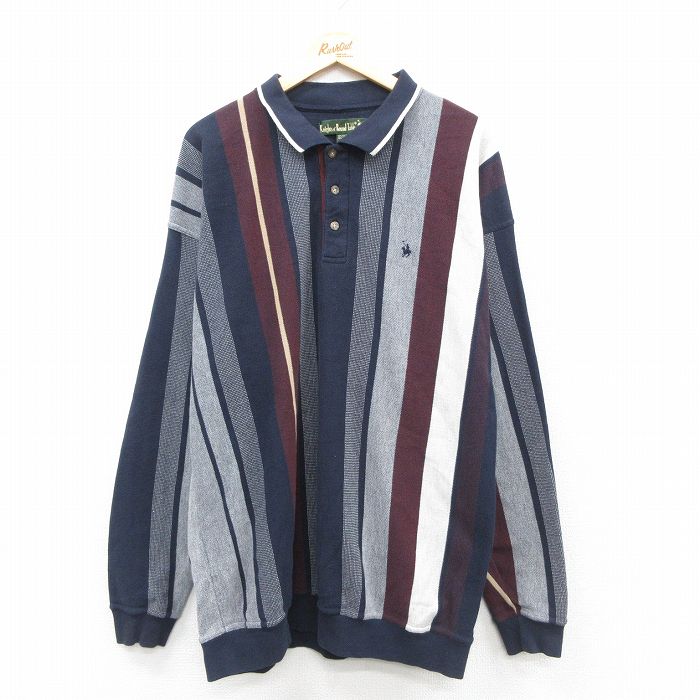 XL★古着 長袖 ポロ シャツ メンズ 90年代 90s ワンポイントロゴ ロング丈 紺他 ネイビー ストライプ 25sep24 中古 トップス