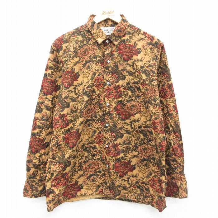 L★古着 長袖 シャツ メンズ 90年代 90s 花柄 コットン USA製 濃ベージュ他 カーキ 【spe】 25sep24 中古 トップス