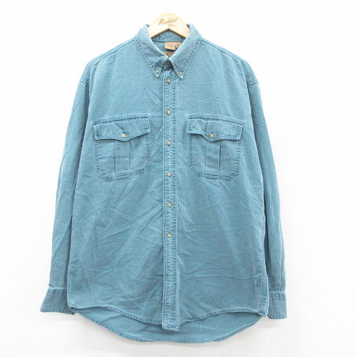 XL★古着 長袖 シャツ メンズ 90年代 90s ロング丈 コットン ボタンダウン USA製 緑系 グリーン 25sep24 中古 トップス