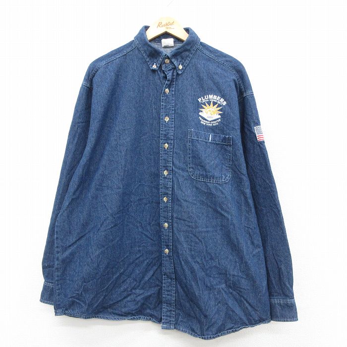 XL★古着 長袖 シャツ メンズ 90年代 90s PLUMBERS 大きいサイズ ロング丈 コットン ボタンダウン USA製 紺 ネイビー デニム 25sep24 中古 トップス