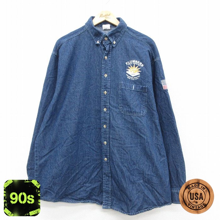 90s 長袖シャツ PLUMBERS ネイビー XL | 古着