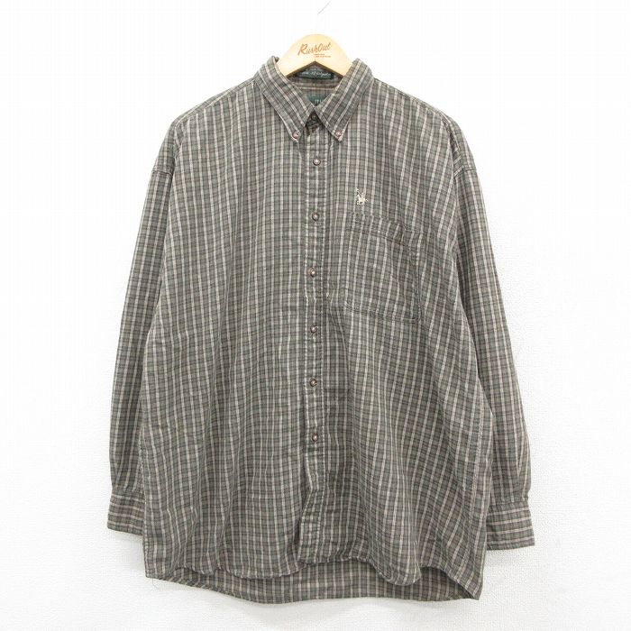 XL★古着 長袖 シャツ メンズ 90年代 90s ロング丈 ボタンダウン 緑系他 グリーン チェック 25sep24 中古 トップス