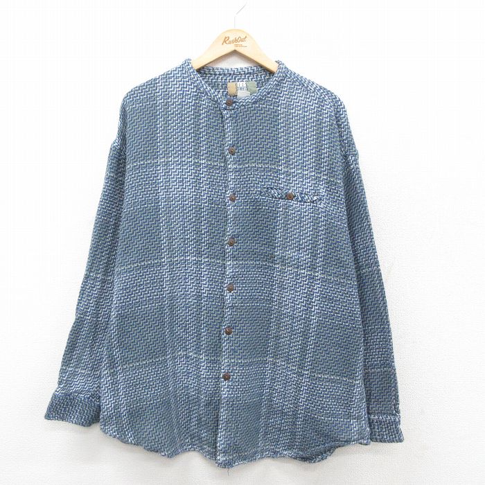 XL★古着 長袖 シャツ メンズ 大きいサイズ コットン ノーカラー 紺他 ネイビー チェック 25sep24 中古 トップス