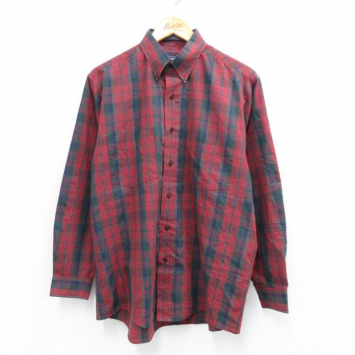 L★古着 バンヒューセン 長袖 シャツ メンズ 90年代 90s エンジ他 チェック 25sep25 中古 トップス