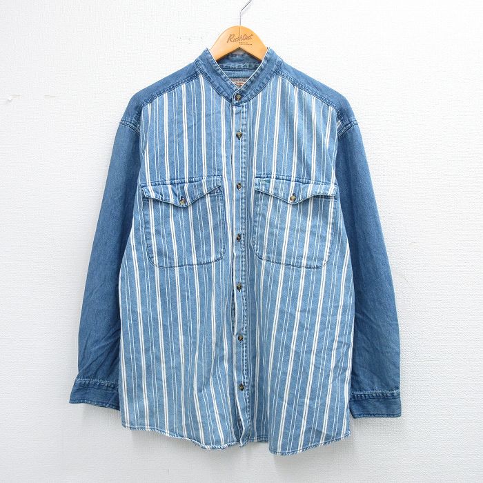 L★古着 長袖 シャツ メンズ 00年代 00s コットン ノーカラー 紺 ネイビー デニム他 ストライプ 【spe】 25sep25 中古 トップス