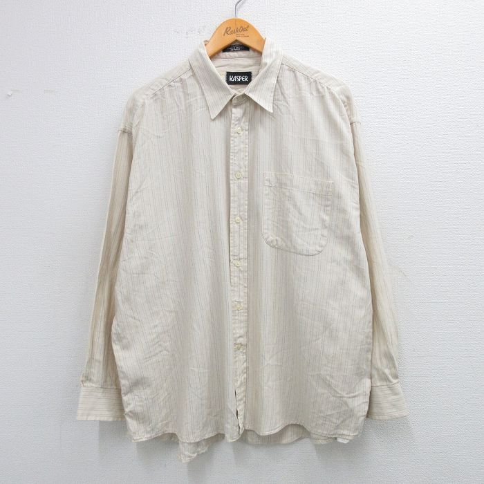 XL★古着 長袖 シャツ メンズ 90年代 90s 大きいサイズ コットン カナダ製 薄ベージュ他 カーキ ストライプ 25sep25 中古 トップス