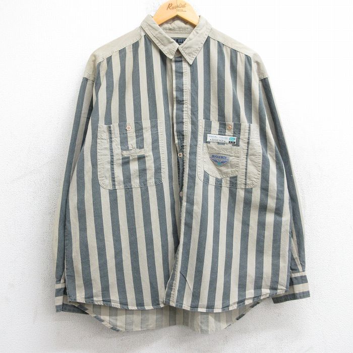 XL★古着 ビューグルボーイ 長袖 シャツ メンズ ワンポイントロゴ コットン ベージュ他 カーキ ストライプ 【spe】 25sep26 中古 トップス