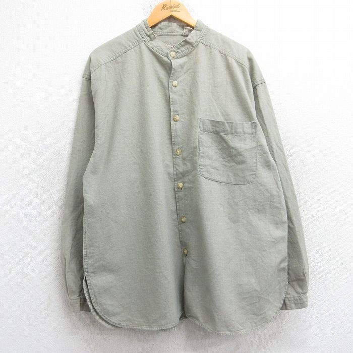 【20%OFF】XL★古着 長袖 シャツ メンズ 90年代 90s リネン ノーカラー ベージュ系 カーキ 25sep26 中古 トップス