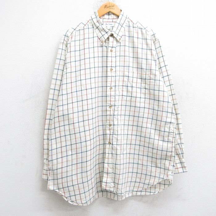 XL★古着 長袖 シャツ メンズ 90年代 90s 大きいサイズ ロング丈 コットン ボタンダウン USA製 生成り他 チェック 25sep26 中古 トップス