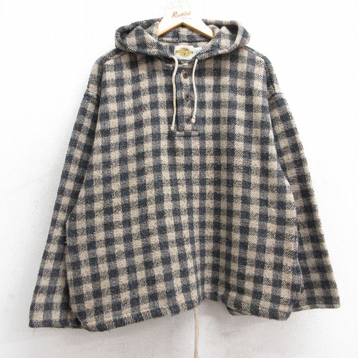 XL★古着 アースラグズ 長袖 メキシカン パーカー メンズ 90年代 90s メキシコ製 ベージュ他 カーキ チェック 【spe】 25sep26 中古 トップス