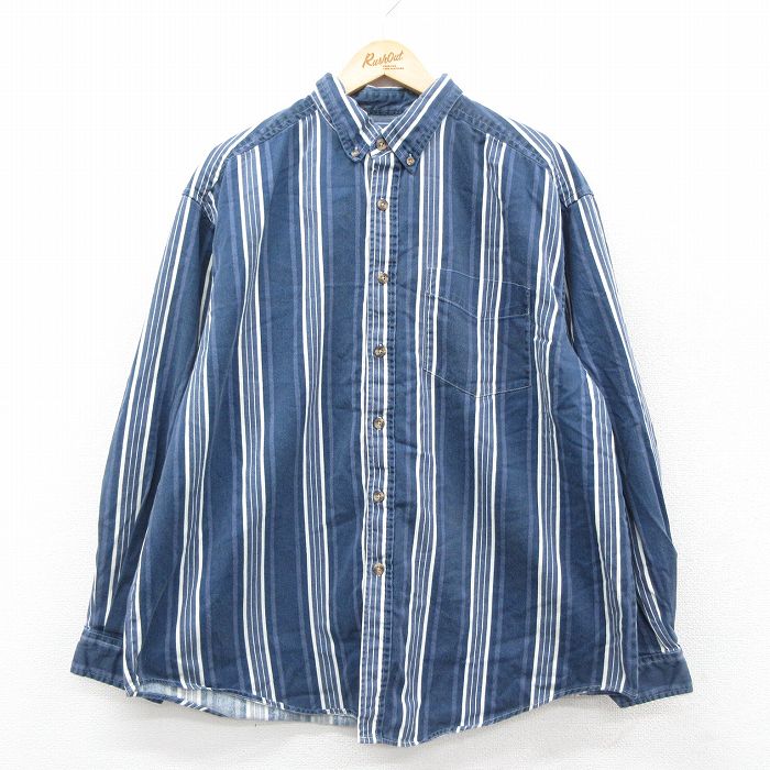 XL★古着 ルート66 長袖 シャツ メンズ 00年代 00s 大きいサイズ コットン ボタンダウン 紺他 ネイビー ストライプ 25sep29 中古 トップス