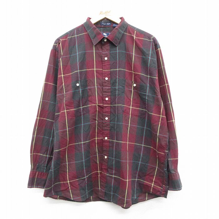XL★古着 長袖 シャツ メンズ 90年代 90s 大きいサイズ エンジ他 チェック 25sep29 中古 トップス