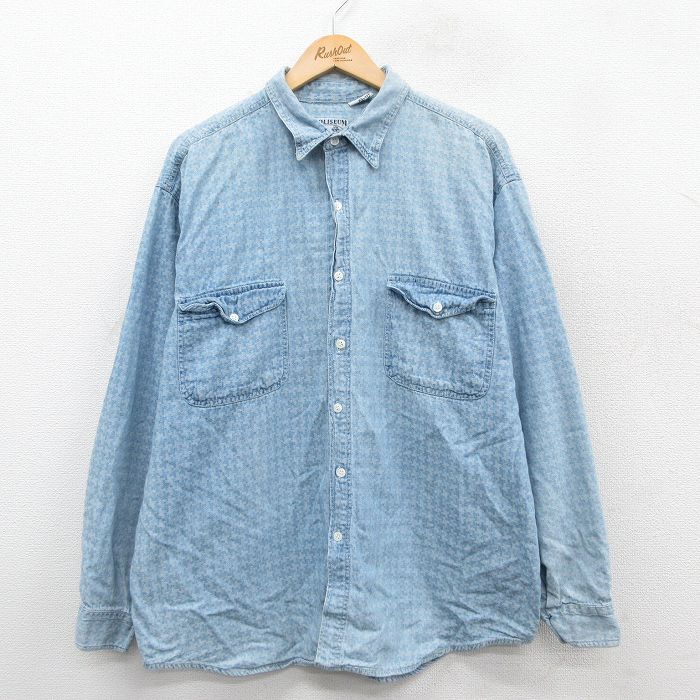 XL★古着 長袖 シャツ メンズ コットン 薄紺 ネイビー 25sep29 中古 トップス