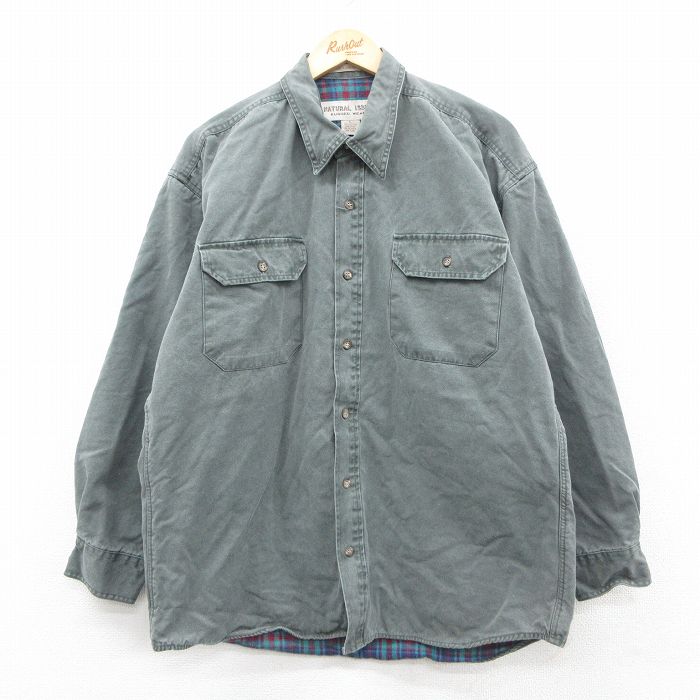 XL★古着 長袖 シャツ メンズ ダック地 大きいサイズ コットン 緑系 グリーン 内側フランネル 25sep30 中古 トップス