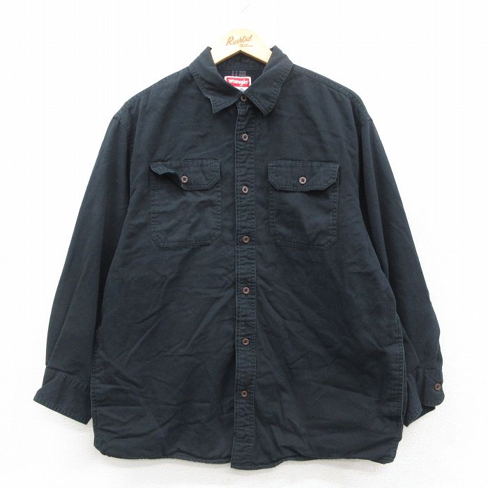 XL★古着 ラングラー Wrangler 長袖 シャツ メンズ コットン 黒 ブラック 内側フランネル 25sep30 中古 トップス