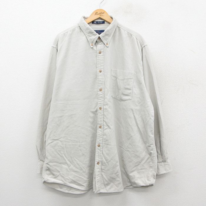 XL★古着 長袖 シャツ メンズ コーデュロイ 大きいサイズ ロング丈 コットン ボタンダウン 薄ベージュ カーキ 25sep30 中古 トップス