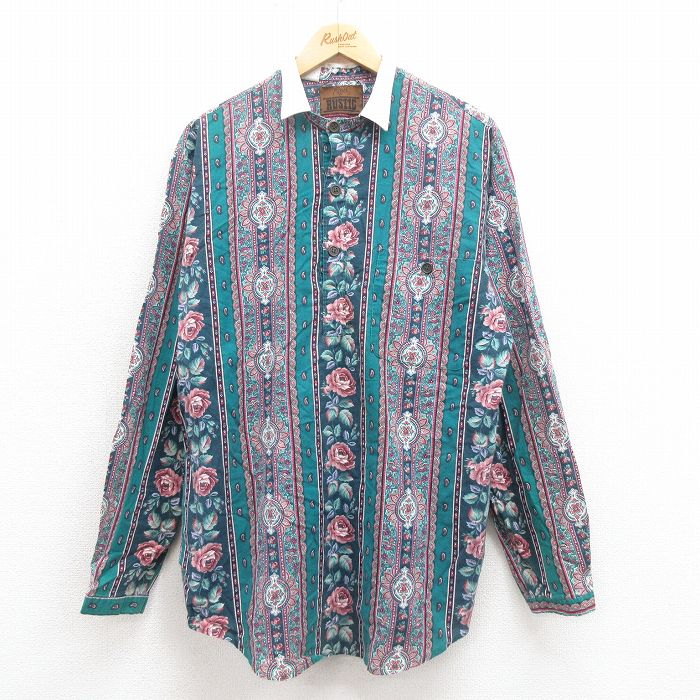 L★古着 長袖 シャツ メンズ 90年代 90s 花 USA製 緑 グリーン 25oct02 中古 トップス