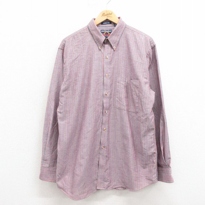 【20%OFF】XL★古着 マンハッタン 長袖 シャツ メンズ 00年代 00s コットン ボタンダウン 薄エンジ ストライプ 25oct02 中古 トップス