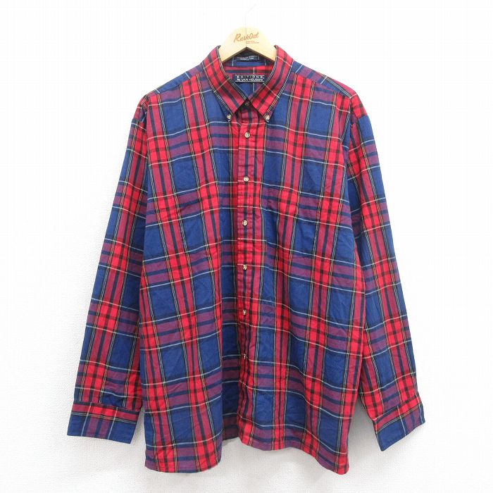 XL★古着 バンヒューセン 長袖 シャツ メンズ 90年代 90s 大きいサイズ ボタンダウン 紺 ネイビー チェック 25oct02 中古 トップス